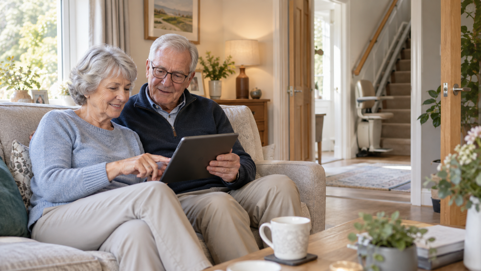Older couple using a tablet together at home